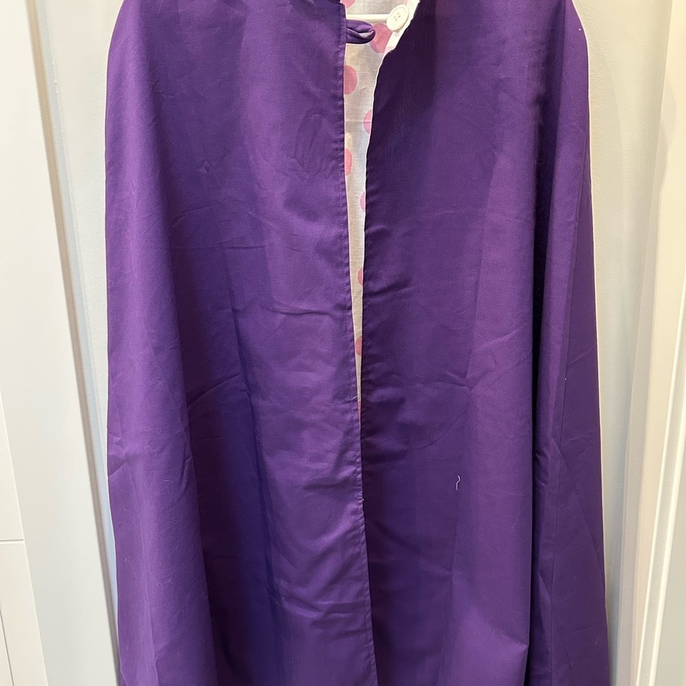Handmade on Etsy cape purple with pink and white polka dot inside eyelet trim - Picture 2 of 6